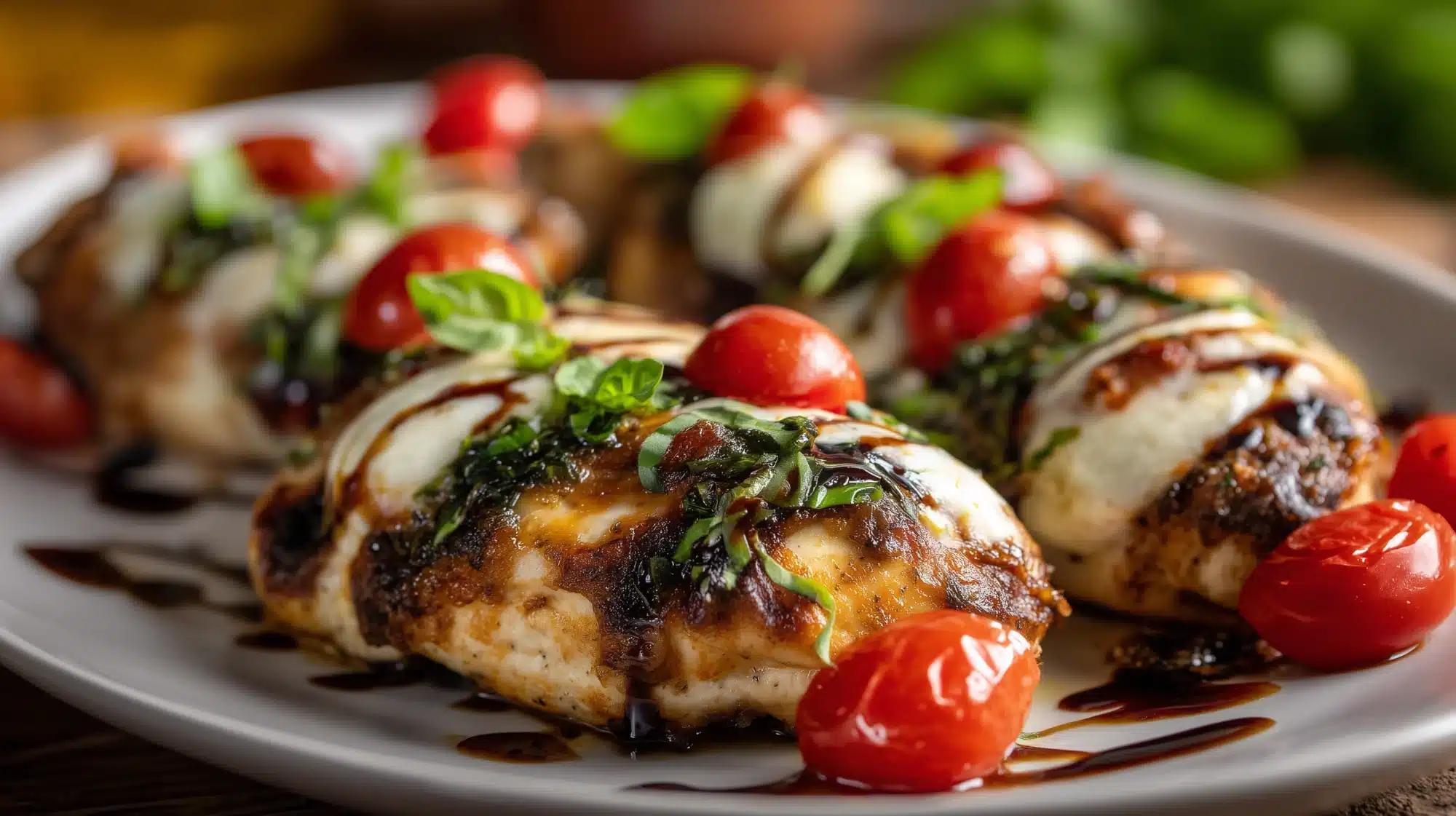 Saftige Hähnchenbrustfilets mit geschmolzenem Mozzarella, Cherrytomaten, Basilikum und Balsamicoreduktion auf einem weißen Teller.