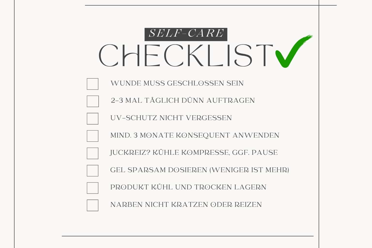 Grafische Checkliste mit Tipps zur richtigen Anwendung von Contractubex Narbengel, inklusive Hinweise zu Dosierung, UV-Schutz und Narbenpflege.