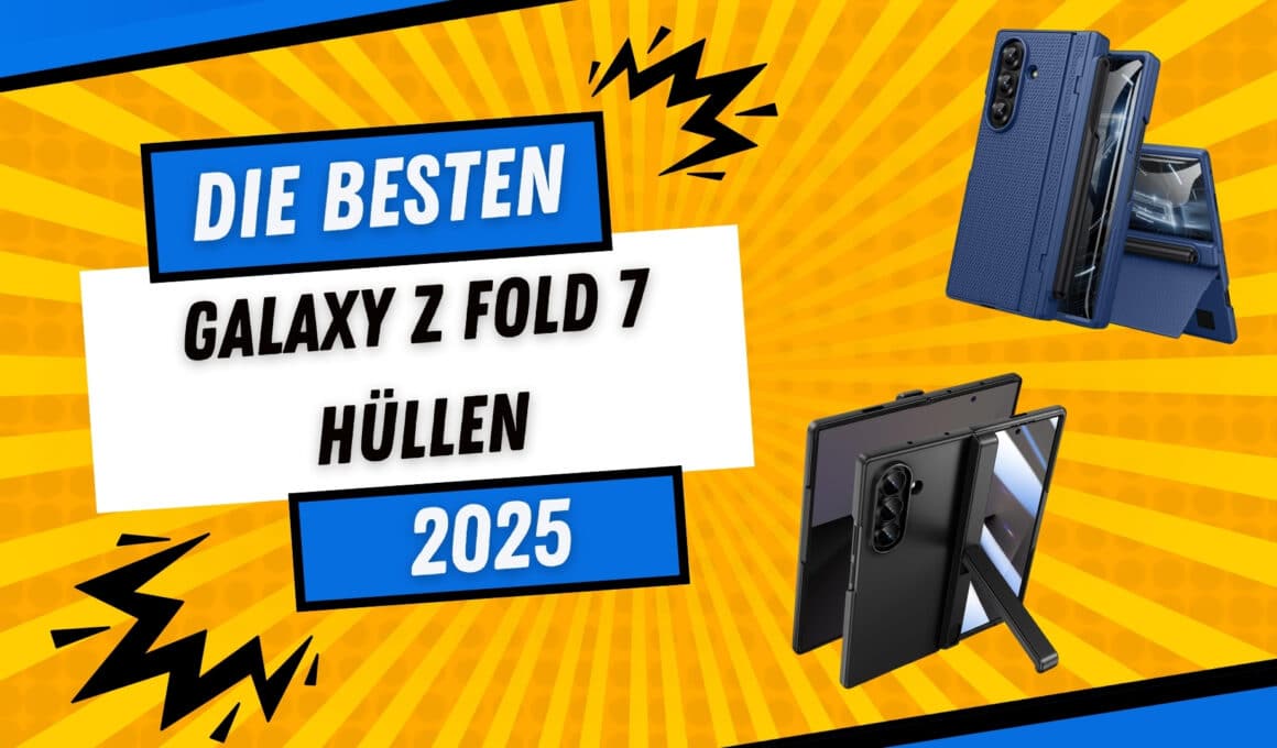 Leuchtend gelbes Banner mit Schriftzug ‚Die besten Galaxy Z Fold 7 Hüllen 2025‘ und zwei Fold‑7‑Modelle in Schutz‑Cases