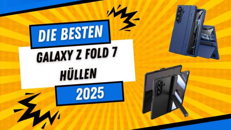 Leuchtend gelbes Banner mit Schriftzug ‚Die besten Galaxy Z Fold 7 Hüllen 2025‘ und zwei Fold‑7‑Modelle in Schutz‑Cases