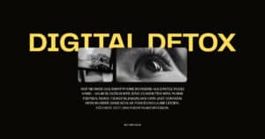 Hero-Grafik mit großem Schriftzug „DIGITAL DETOX“ in Gelb auf schwarzem Hintergrund, zwei Schwarz-Weiß-Motive (Hand mit Smartphone, Auge) und ein Teasertext zum 30-Tage-Digital-Detox-Plan
