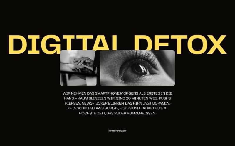 Hero-Grafik mit großem Schriftzug „DIGITAL DETOX“ in Gelb auf schwarzem Hintergrund, zwei Schwarz-Weiß-Motive (Hand mit Smartphone, Auge) und ein Teasertext zum 30-Tage-Digital-Detox-Plan