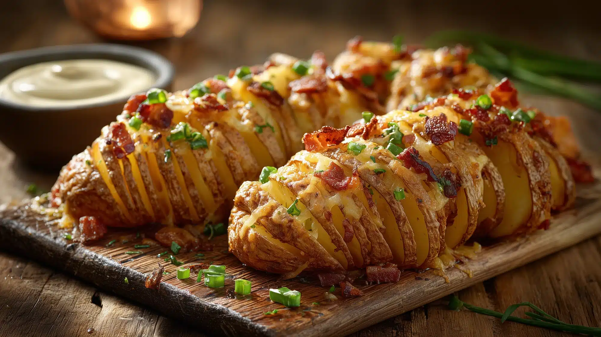 Goldbraune Hasselback‑Kartoffeln, gefüllt mit geschmolzenem Käse und knusprigem Speck, garniert mit Schnittlauch, serviert auf Holzbrett mit Dip.