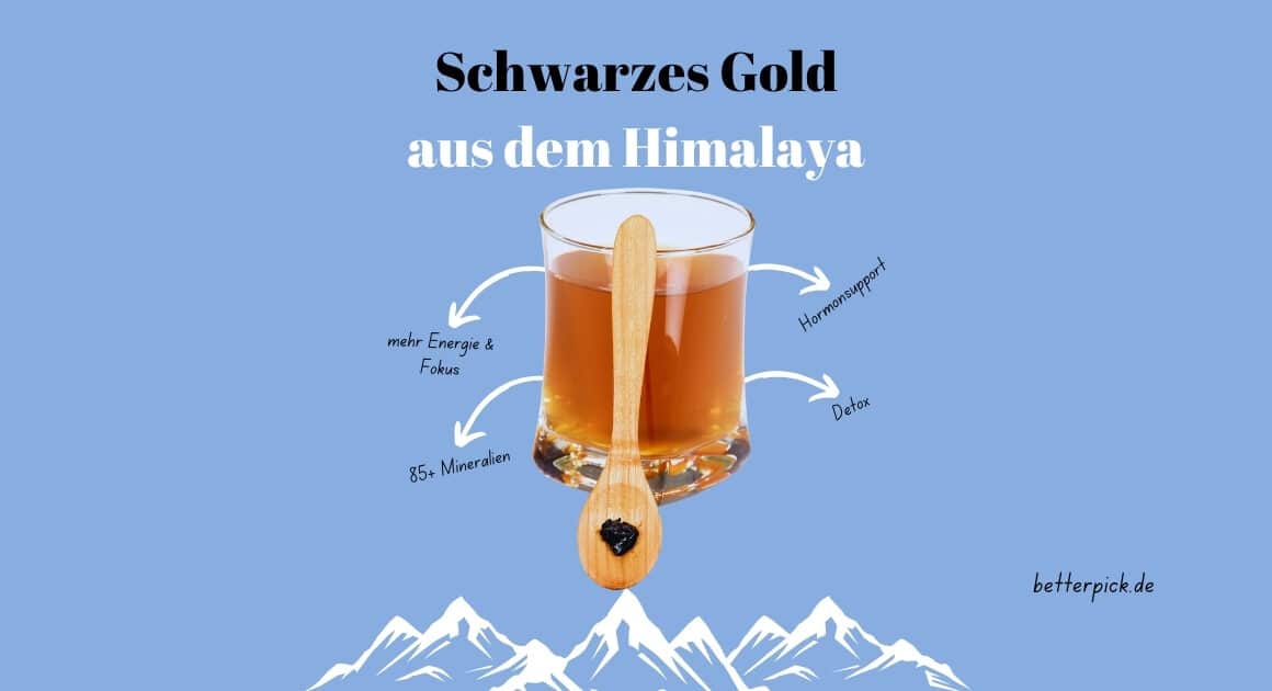 Glas mit Himalaya-Shilajit-Harz auf Holzlöffel vor blauem Hintergrund