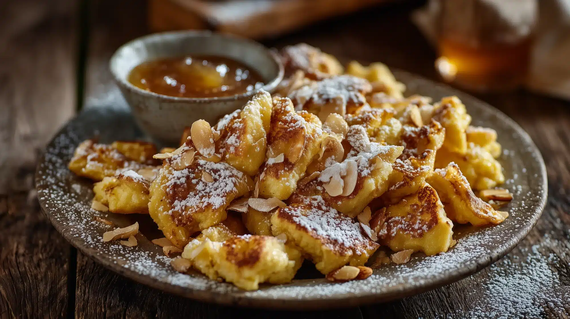 Fluffige Kaiserschmarrn‑Stücke mit gerösteten Mandeln, Puderzucker und Schälchen Apfelmus auf rustikalem Teller.