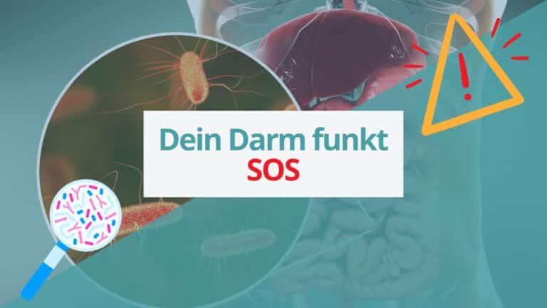 Grafik mit menschlichem Torso, Darm und Mikrobiom unter der Lupe – zentraler Schriftzug: ›Dein Darm funkt SOS‹, umgeben von Warnsymbol und Mikrobiom-Illustration.