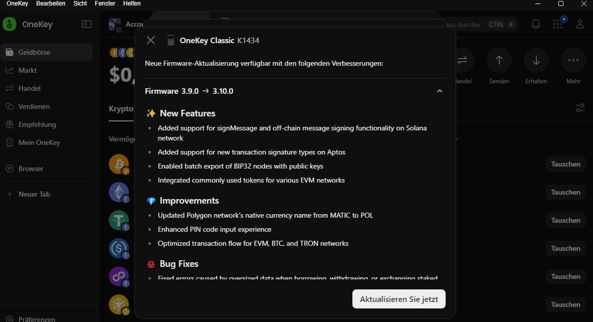 Hauptfenster der OneKey Desktop-App mit im Vordergrund geöffnetem Pop-up-Fenster.