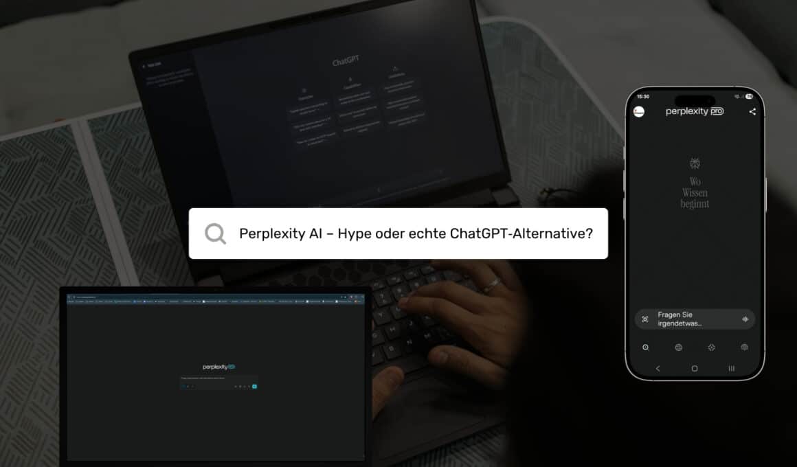 Screenshot mit Laptop, Smartphone‑App und zentral eingeblendeter Suchleiste „Perplexity AI – Hype oder echte ChatGPT‑Alternative?