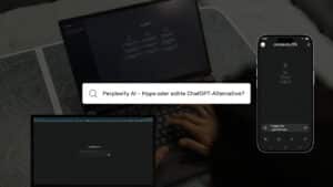 Screenshot mit Laptop, Smartphone‑App und zentral eingeblendeter Suchleiste „Perplexity AI – Hype oder echte ChatGPT‑Alternative?