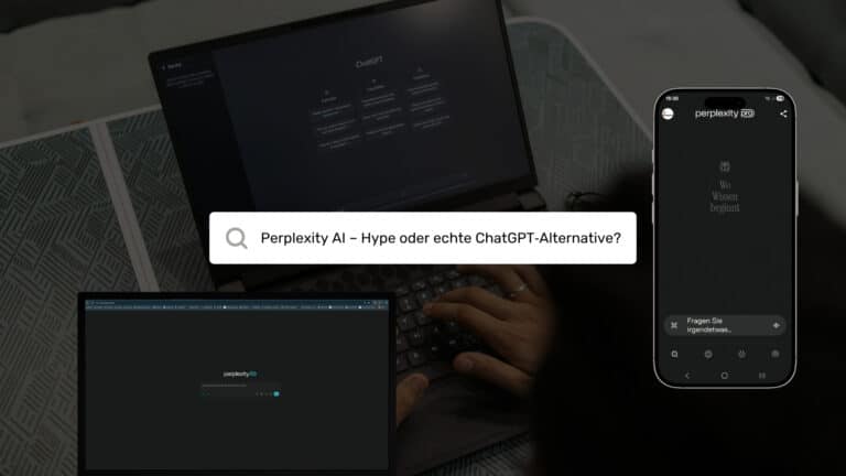 Screenshot mit Laptop, Smartphone‑App und zentral eingeblendeter Suchleiste „Perplexity AI – Hype oder echte ChatGPT‑Alternative?