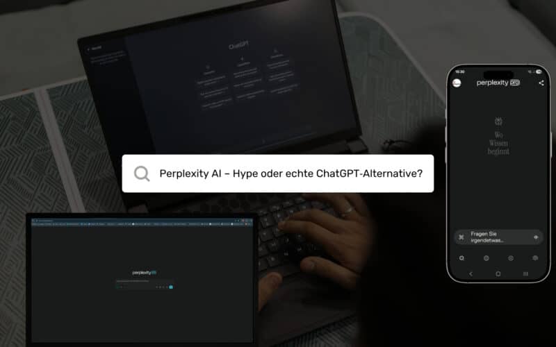 Screenshot mit Laptop, Smartphone‑App und zentral eingeblendeter Suchleiste „Perplexity AI – Hype oder echte ChatGPT‑Alternative?