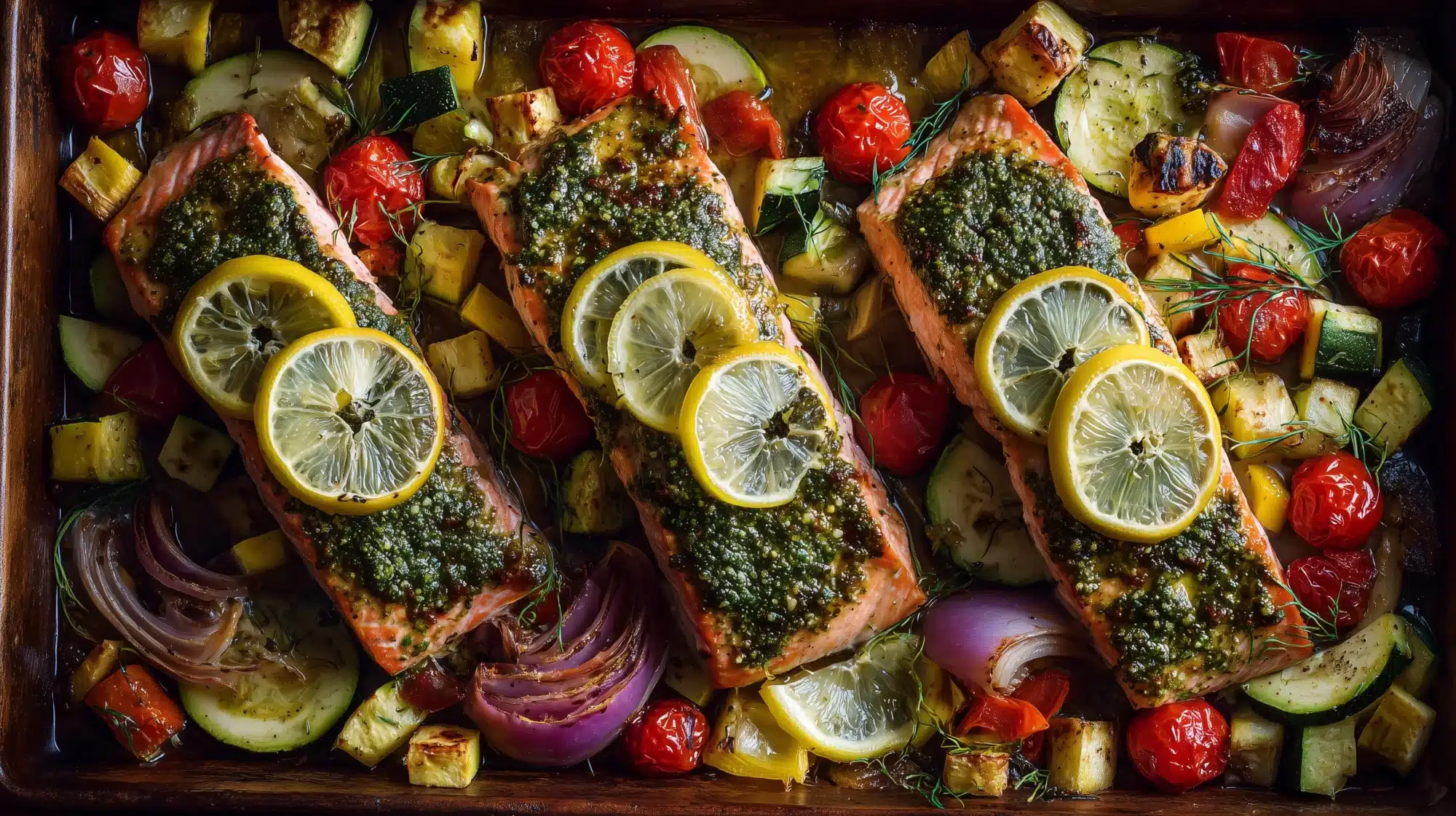 Drei Lachsfilets mit Basilikum‑Pesto und Zitronenscheiben auf einem Bett aus bunt geröstetem Gemüse in einer Backform.