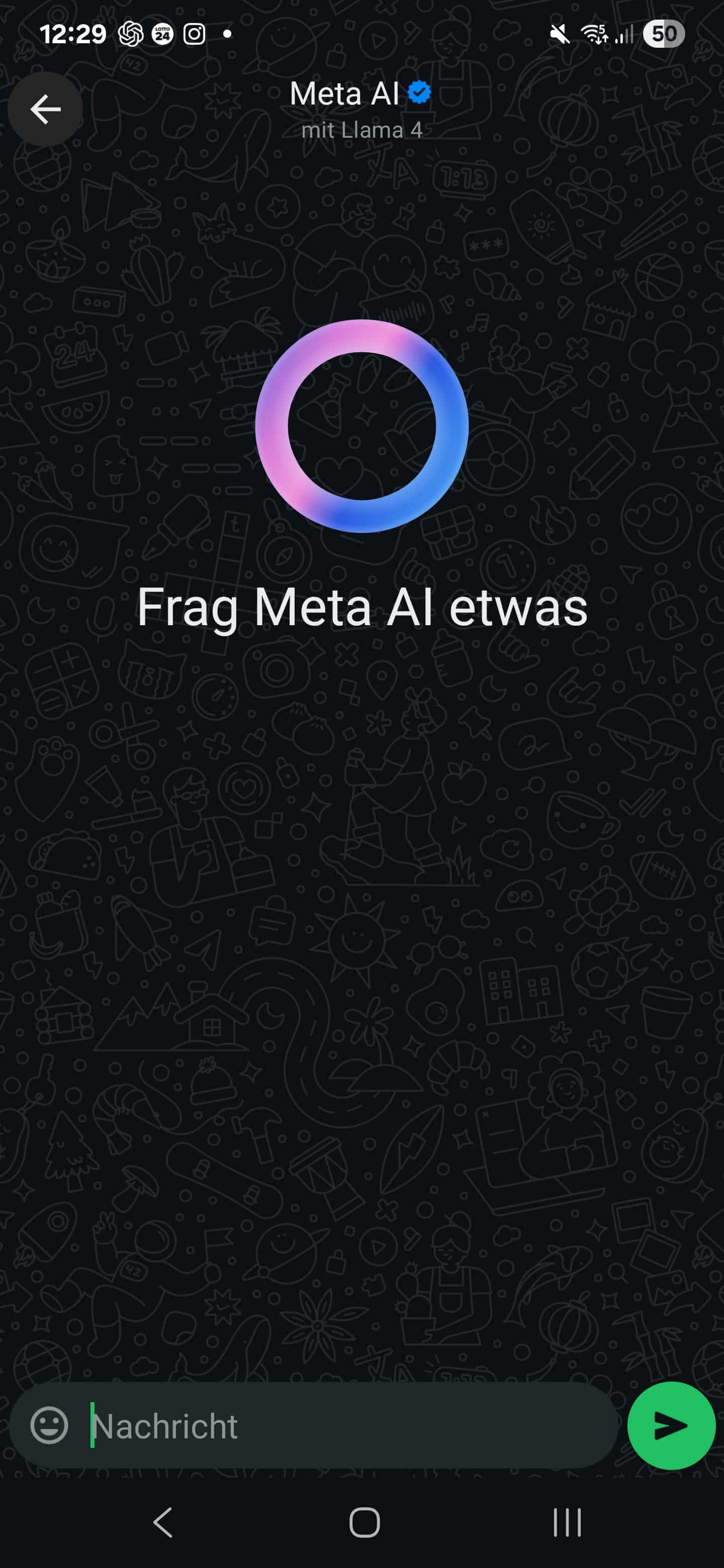 Meta AI Begrüßungsbildschirm in WhatsApp: Kreis-Logo mit Schriftzug „Frag Meta AI etwas“