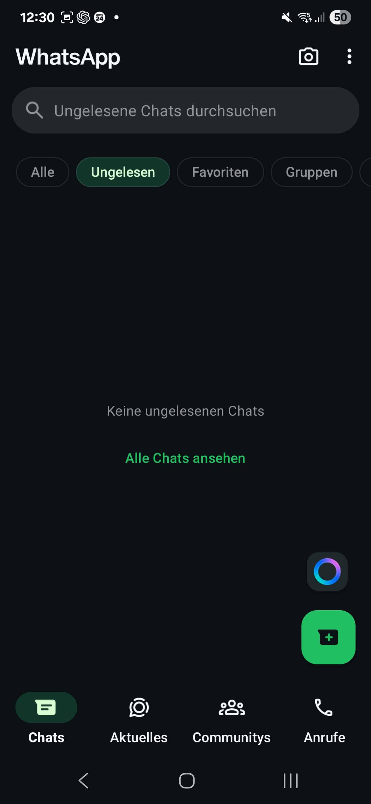 WhatsApp Chat-Übersicht: Keine ungelesenen Chats, Meta AI-Icon unten rechts neben neuem Chat-Button