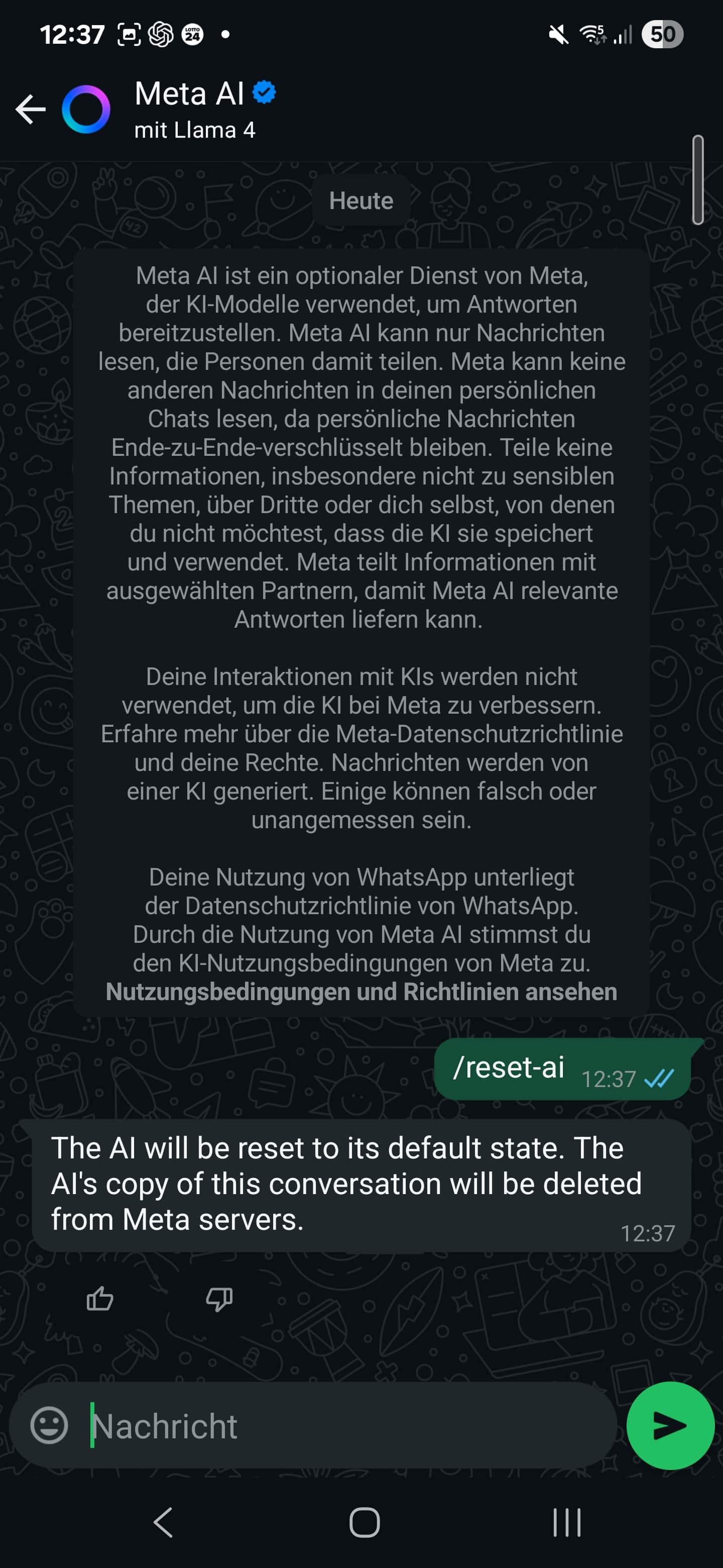 WhatsApp-Chat mit Meta AI: Systemhinweis zur Datenschutzerklärung und Eingabe /reset‑ai, Bestätigung der Zurücksetzung