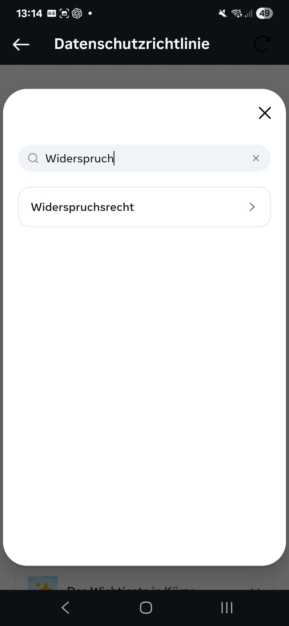 Instagram Datenschutzrichtlinie: Suchfeld zeigt den eingegebenen Begriff „Widerspruch“