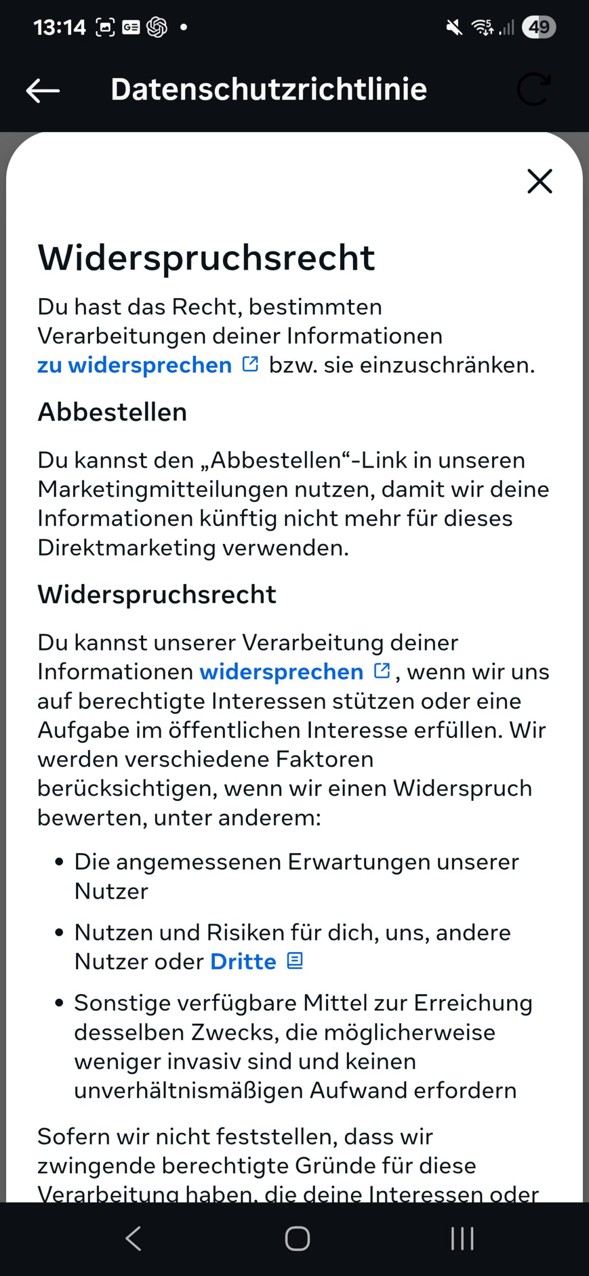Instagram Datenschutzrichtlinie: Trefferliste mit Ergebnis „Widerspruchsrecht“