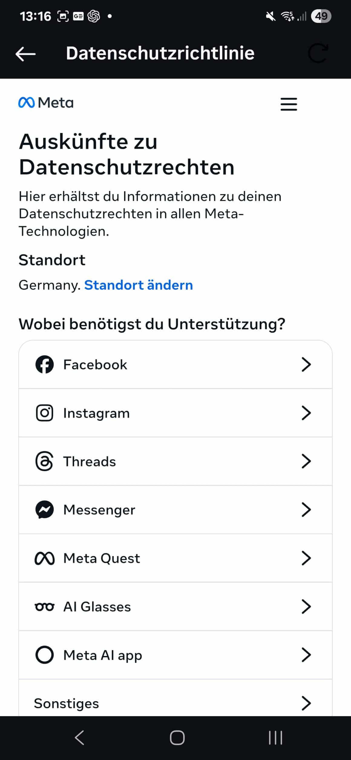 Meta‑Seite „Auskünfte zu Datenschutzrechten“ mit Diensteauswahl (Facebook, Instagram, Threads, Messenger, WhatsApp)