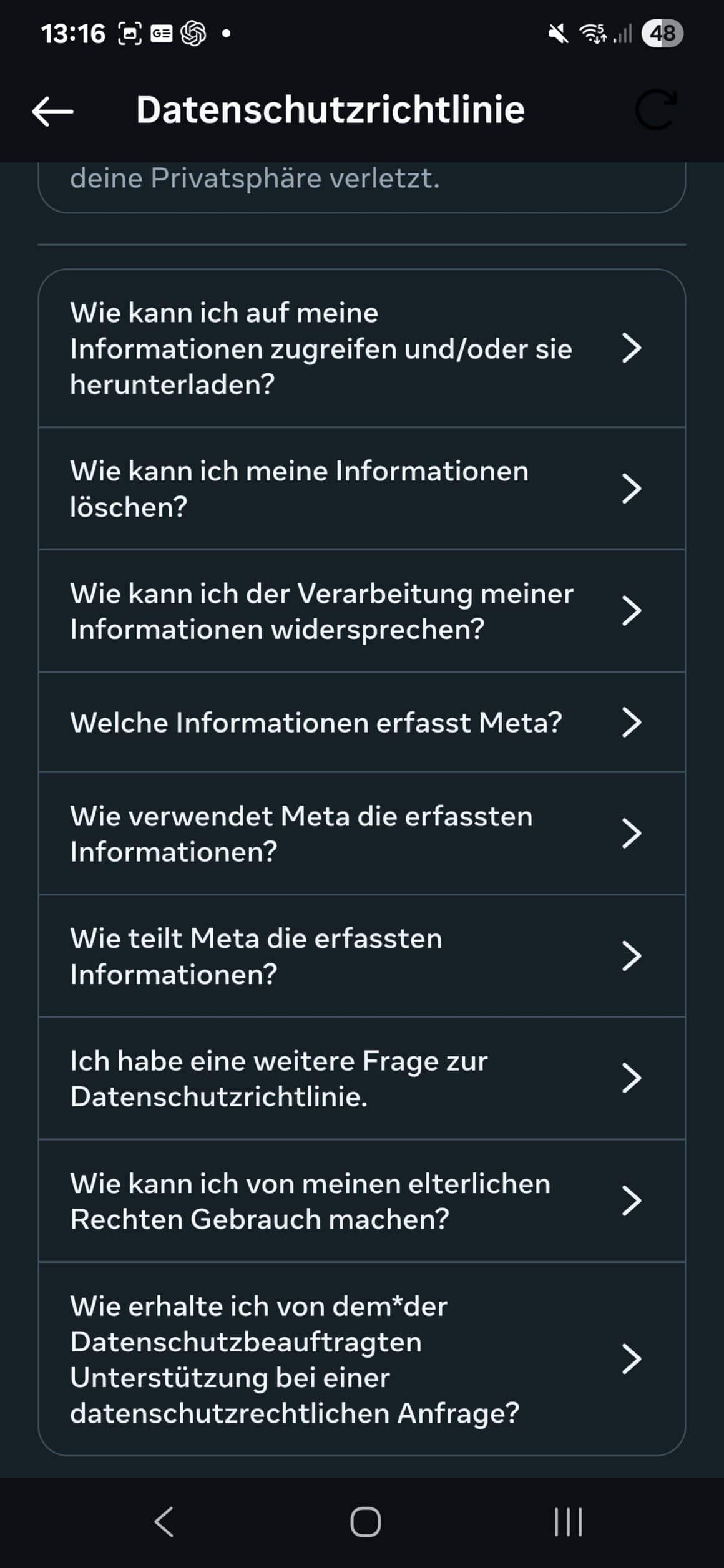 Instagram: Menü „Ich möchte der Verwendung meiner Informationen für Meta AI widersprechen