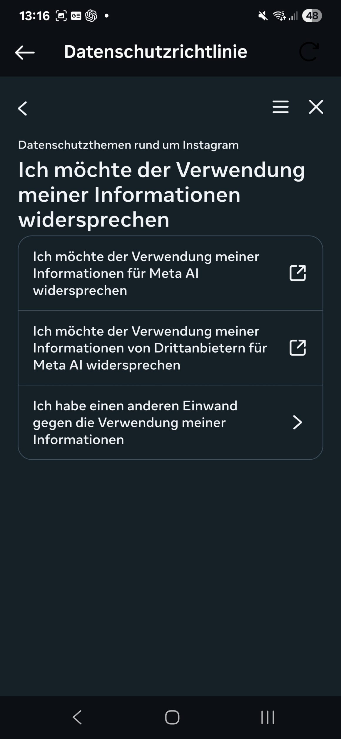 Instagram: Menü „Ich möchte der Verwendung meiner Informationen für Meta AI widersprechen