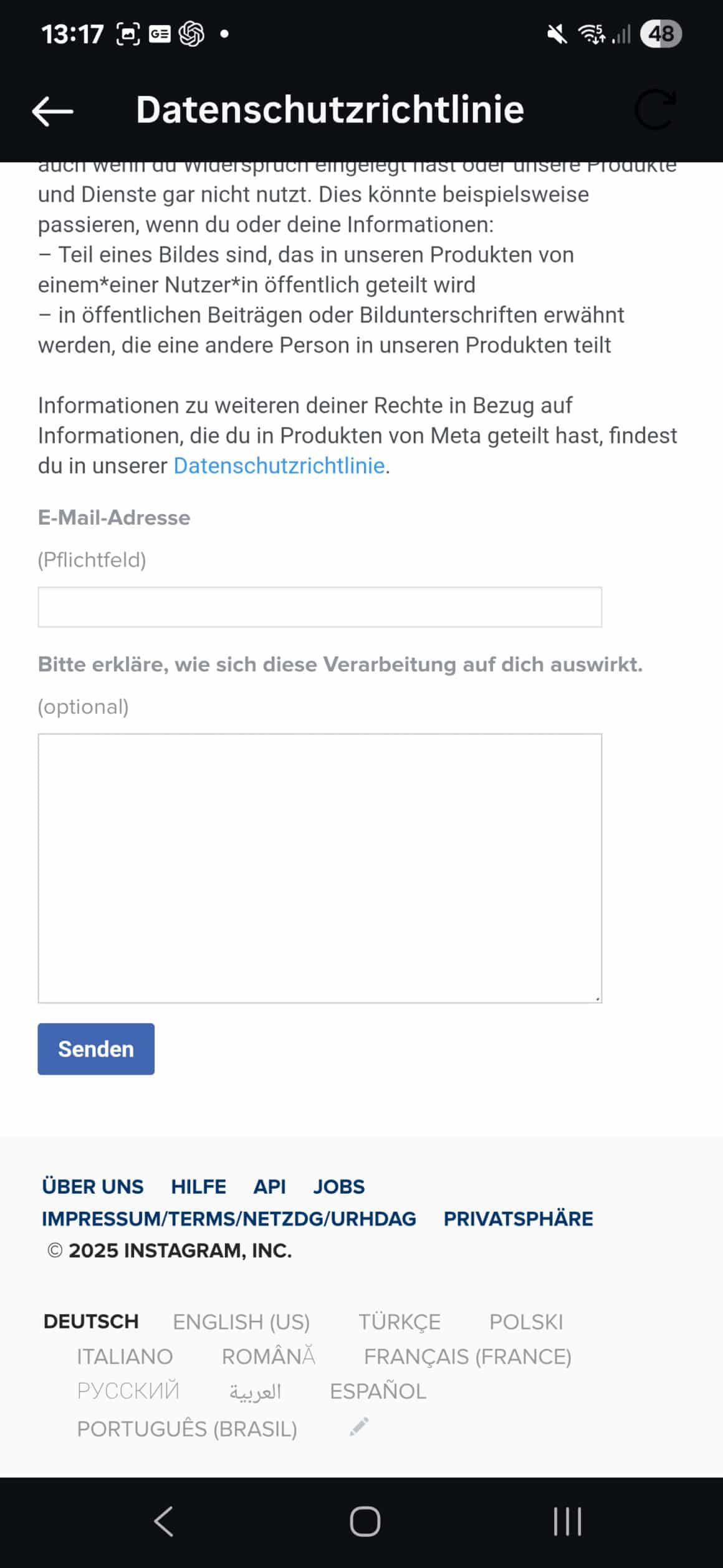 Meta AI Widerspruchsformular: E‑Mail‑Pflichtfeld und optionales Textfeld in Instagram