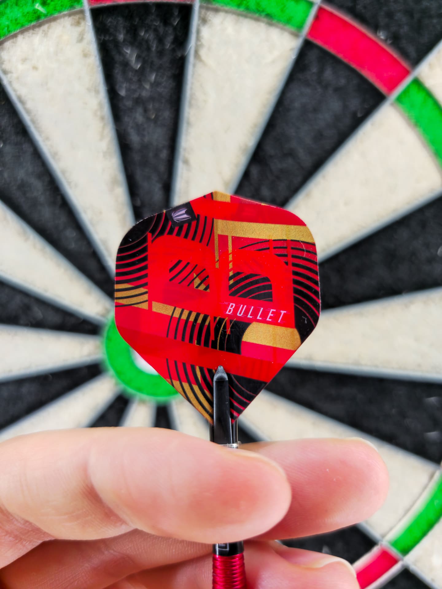 Signature-Flight „Bullet“ (rot-gold), vorm Dartboard gehalten