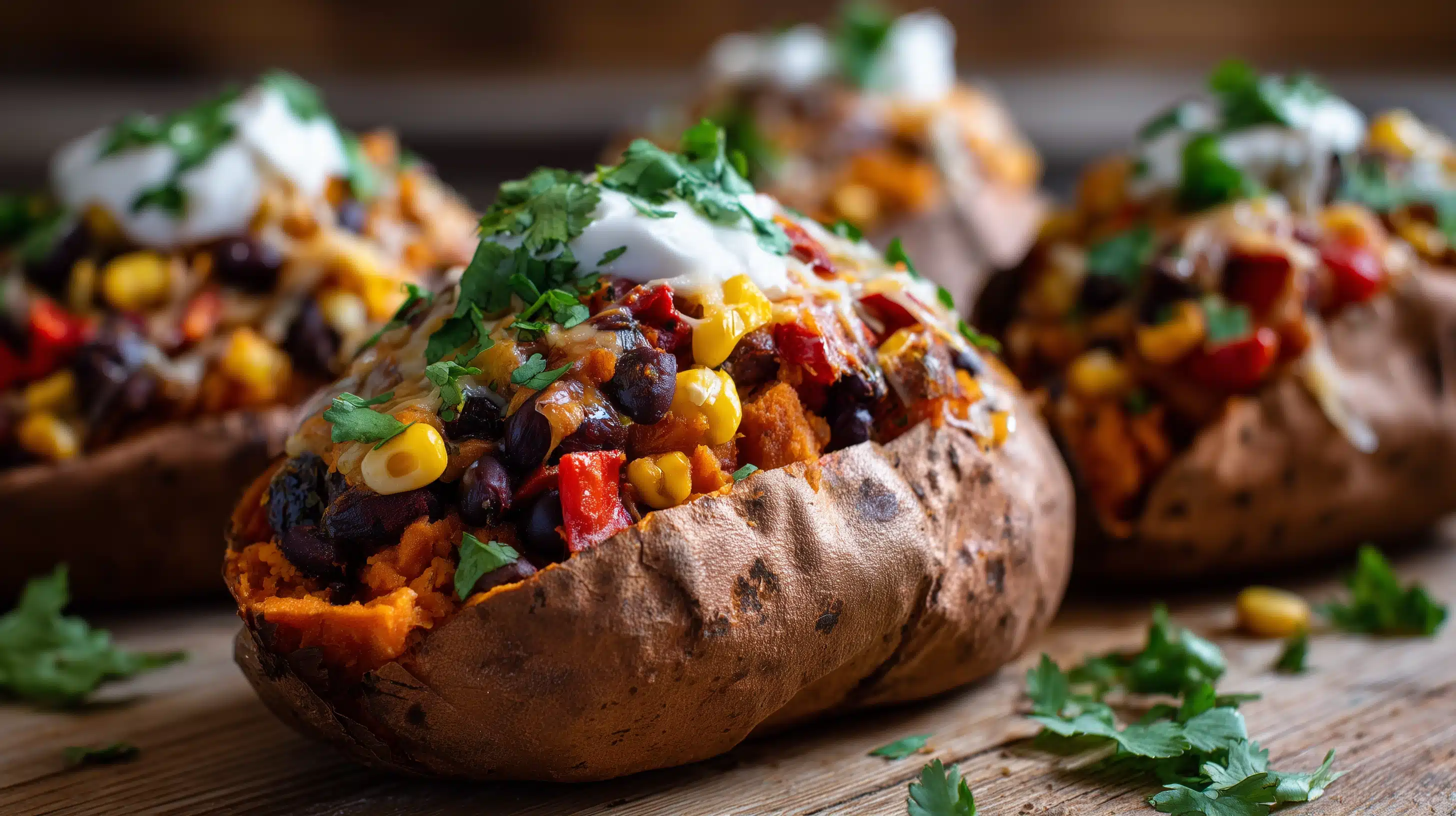 Nahaufnahme einer gebackenen Süßkartoffel, gefüllt mit schwarzen Bohnen, Mais, Paprika, geschmolzenem Käse und frischem Koriander auf rustikalem Holzbrett.