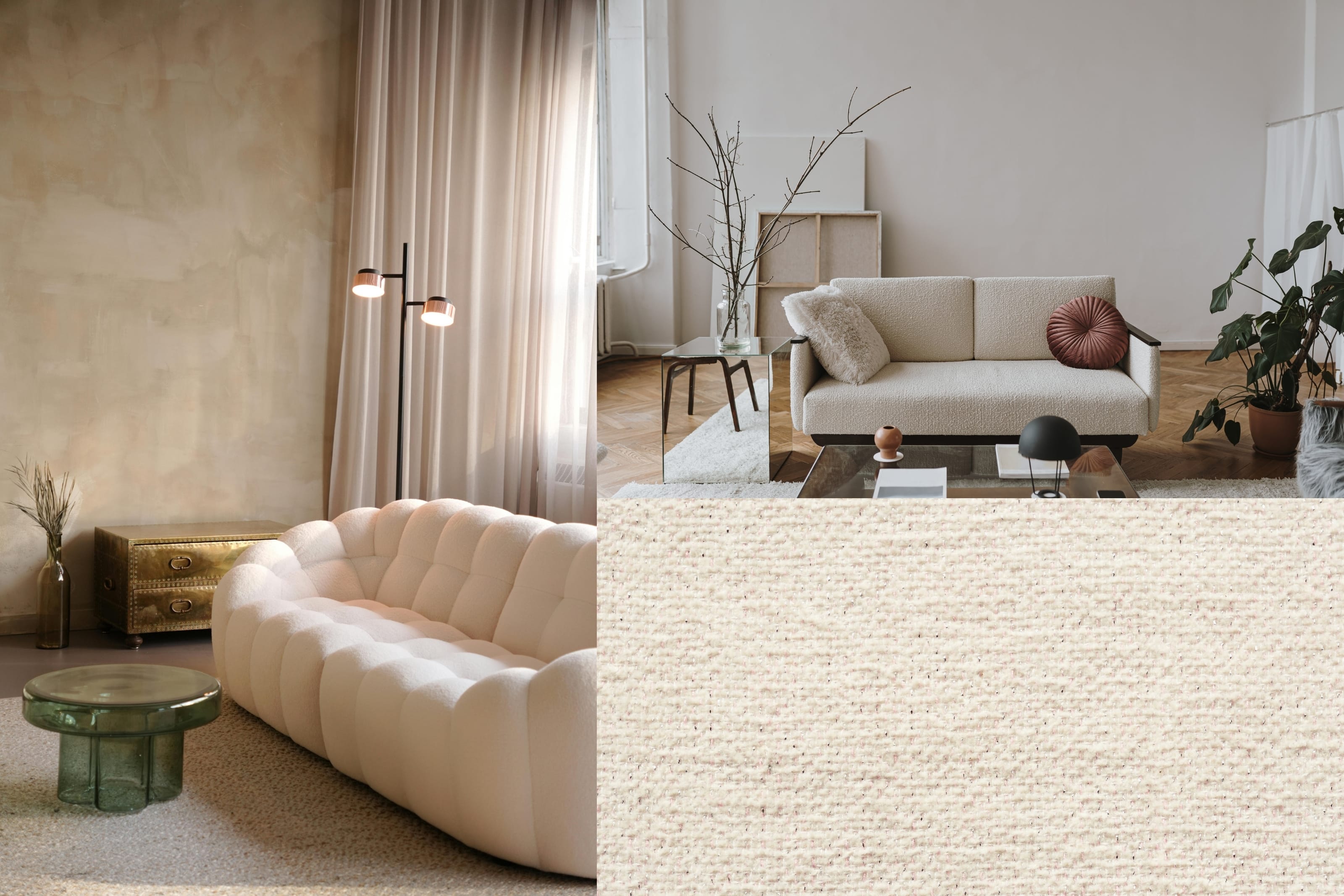 Collage: Cremefarbenes Bouclé‑Sofa im Loft, minimalistisches Bouclé‑Zweisitzer‑Wohnzimmer und Nahaufnahme der strukturierten Bouclé‑Faser