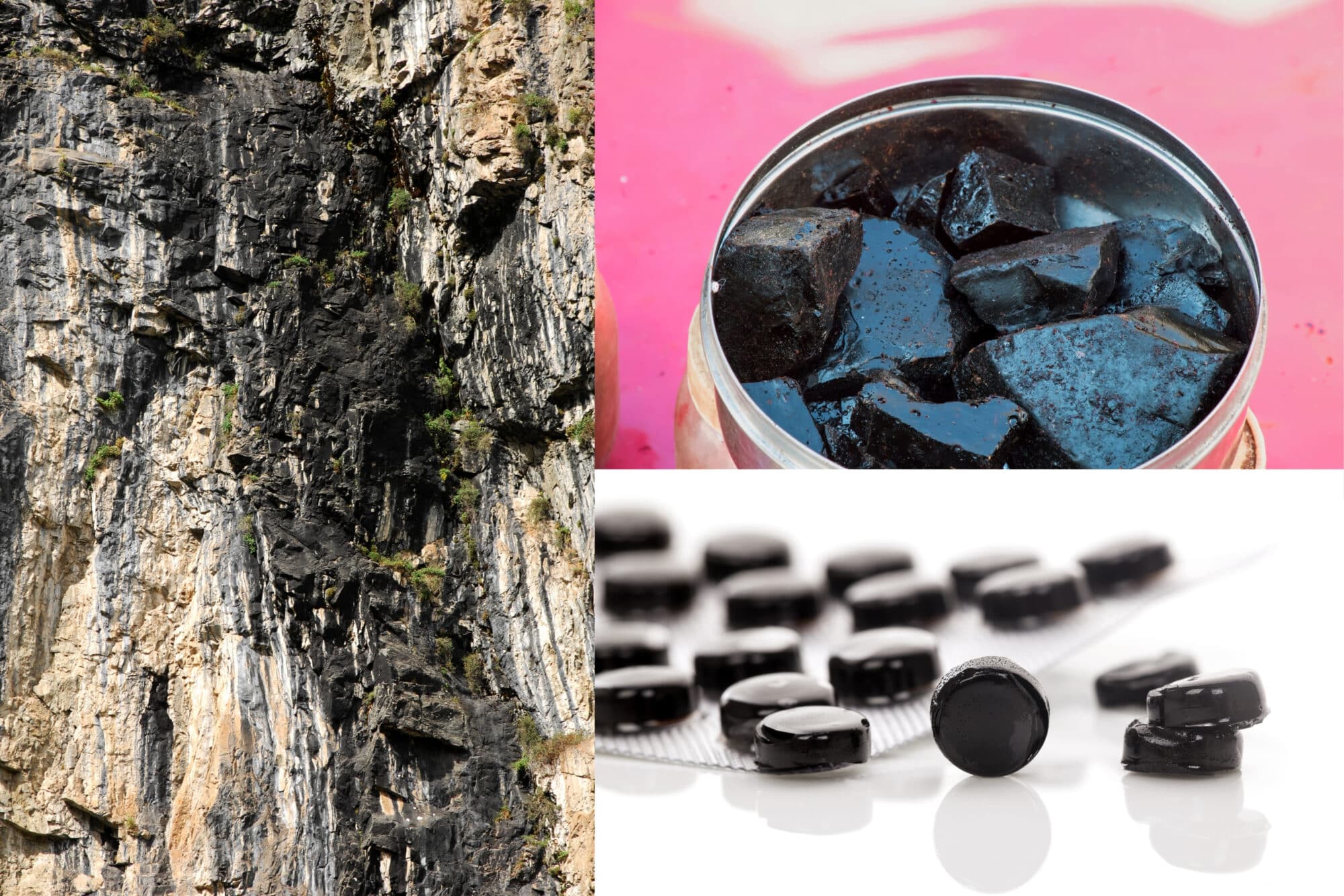 Himalaya-Shilajit-Rohharz tritt als schwarze Ader in einer Felswand aus