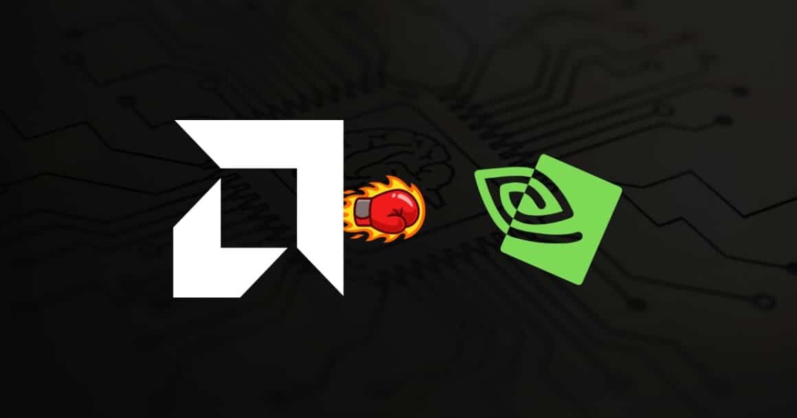 AMD-Logo links, Nvidia-Logo rechts, Boxhandschuh dazwischen – Symbolbild für den KI-Chip-Wettbewerb