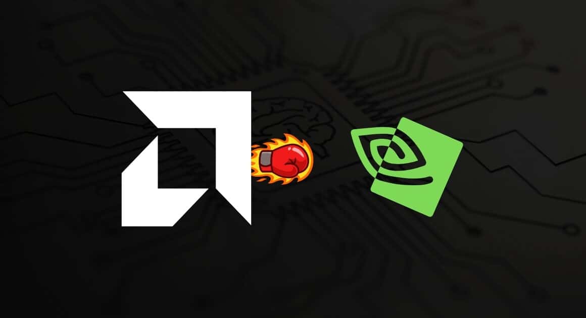 AMD-Logo links, Nvidia-Logo rechts, Boxhandschuh dazwischen – Symbolbild für den KI-Chip-Wettbewerb