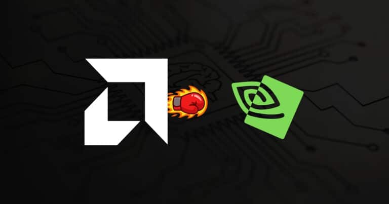 AMD-Logo links, Nvidia-Logo rechts, Boxhandschuh dazwischen – Symbolbild für den KI-Chip-Wettbewerb