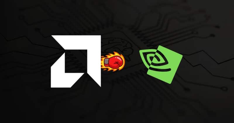 AMD-Logo links, Nvidia-Logo rechts, Boxhandschuh dazwischen – Symbolbild für den KI-Chip-Wettbewerb