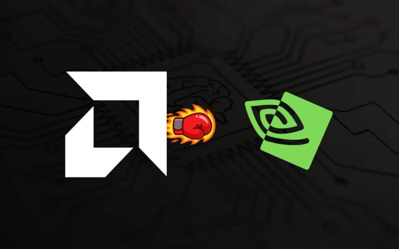 AMD-Logo links, Nvidia-Logo rechts, Boxhandschuh dazwischen – Symbolbild für den KI-Chip-Wettbewerb