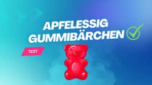 Blaues Banner mit dem Text 'Apfelessig Gummibärchen Test', einem roten Gummibärchen-Illustration und grünem Haken-Symbol für einen Produktvergleich.