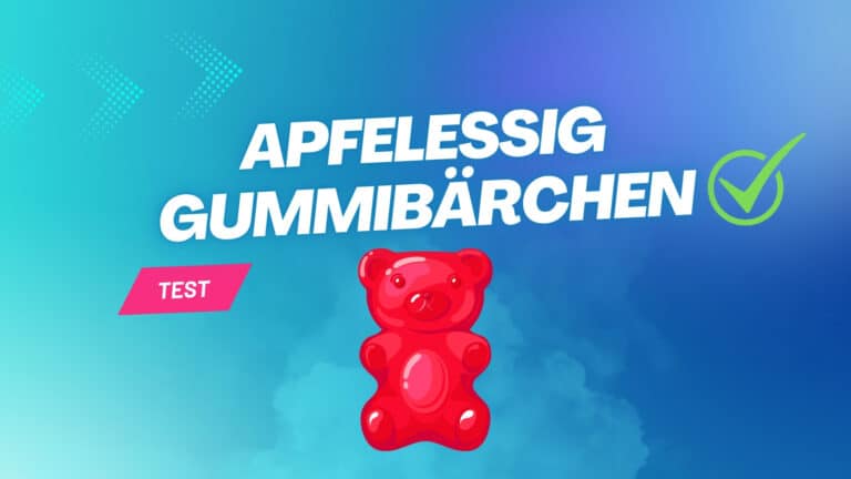 Blaues Banner mit dem Text 'Apfelessig Gummibärchen Test', einem roten Gummibärchen-Illustration und grünem Haken-Symbol für einen Produktvergleich.