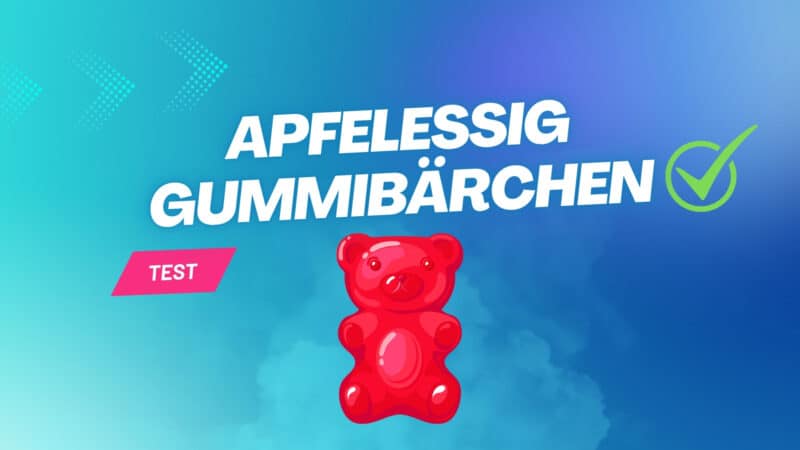 Blaues Banner mit dem Text 'Apfelessig Gummibärchen Test', einem roten Gummibärchen-Illustration und grünem Haken-Symbol für einen Produktvergleich.