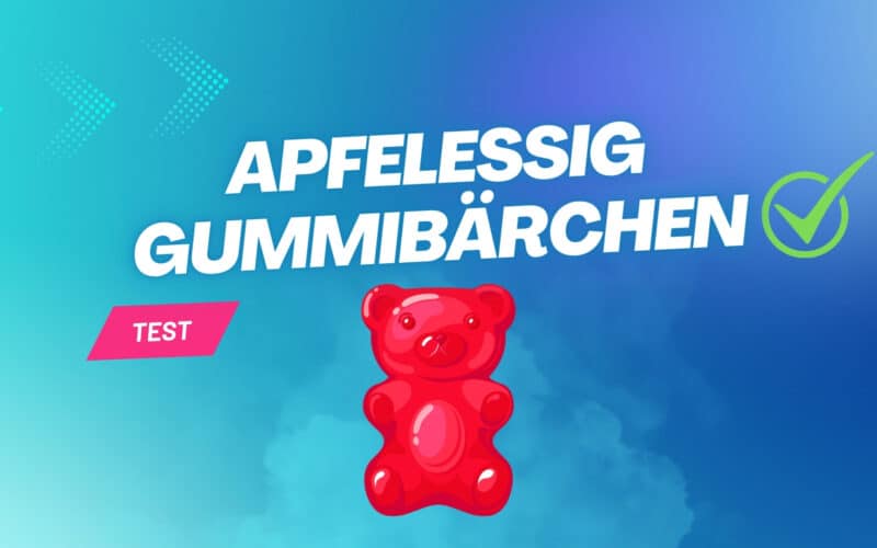 Blaues Banner mit dem Text 'Apfelessig Gummibärchen Test', einem roten Gummibärchen-Illustration und grünem Haken-Symbol für einen Produktvergleich.