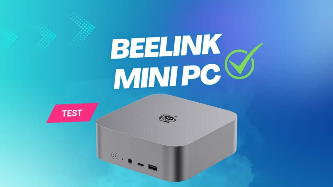 Beelink Mini PC Test: grauer Beelink-Mini-PC vor blauem Verlauf mit Check-Symbol und „Beelink Mini PC“-Schriftzug.