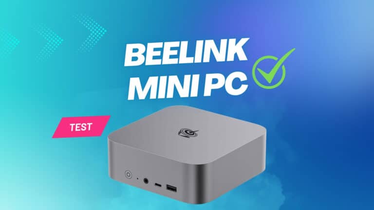 Beelink Mini PC Test: grauer Beelink-Mini-PC vor blauem Verlauf mit Check-Symbol und „Beelink Mini PC“-Schriftzug.
