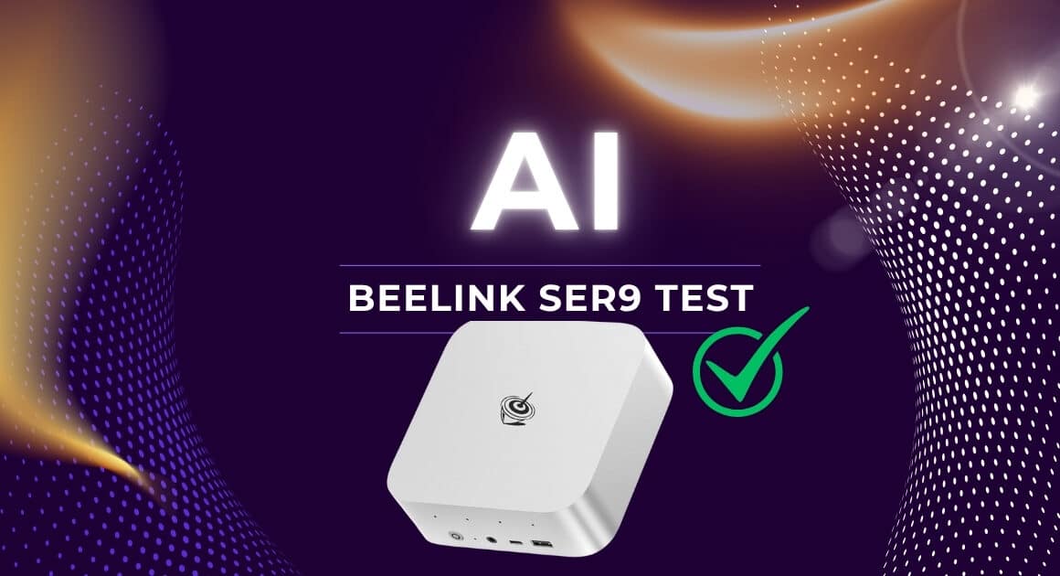 Beelink SER9 Mini PC auf futurativem Hintergrund mit Text „AI Beelink SER9 Test“ und grünem Haken