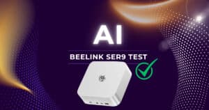 Beelink SER9 Mini PC auf futurativem Hintergrund mit Text „AI Beelink SER9 Test“ und grünem Haken