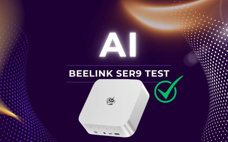 Beelink SER9 Mini PC auf futurativem Hintergrund mit Text „AI Beelink SER9 Test“ und grünem Haken