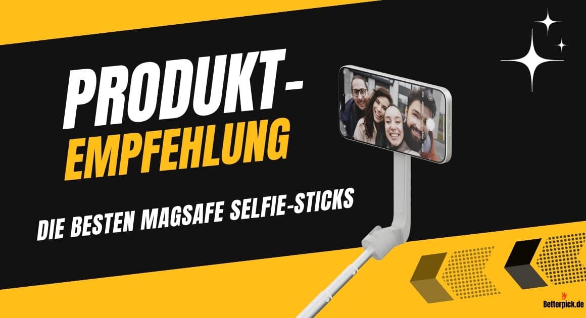 Titelbild: Bester MagSafe Selfie-Stick 2025 mit iPhone im Magnet-Case vor gelbem Hintergrund