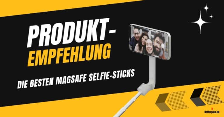 Titelbild: Bester MagSafe Selfie-Stick 2025 mit iPhone im Magnet-Case vor gelbem Hintergrund