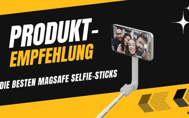 Titelbild: Bester MagSafe Selfie-Stick 2025 mit iPhone im Magnet-Case vor gelbem Hintergrund