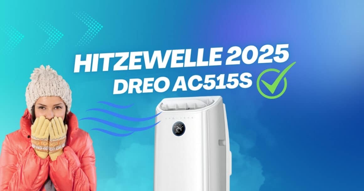 Frau in Winterkleidung neben einer Dreo AC515S mobilen Klimaanlage mit Schriftzug „Hitzewelle 2025“.