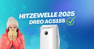 Frau in Winterkleidung neben einer Dreo AC515S mobilen Klimaanlage mit Schriftzug „Hitzewelle 2025“.