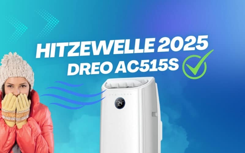 Frau in Winterkleidung neben einer Dreo AC515S mobilen Klimaanlage mit Schriftzug „Hitzewelle 2025“.