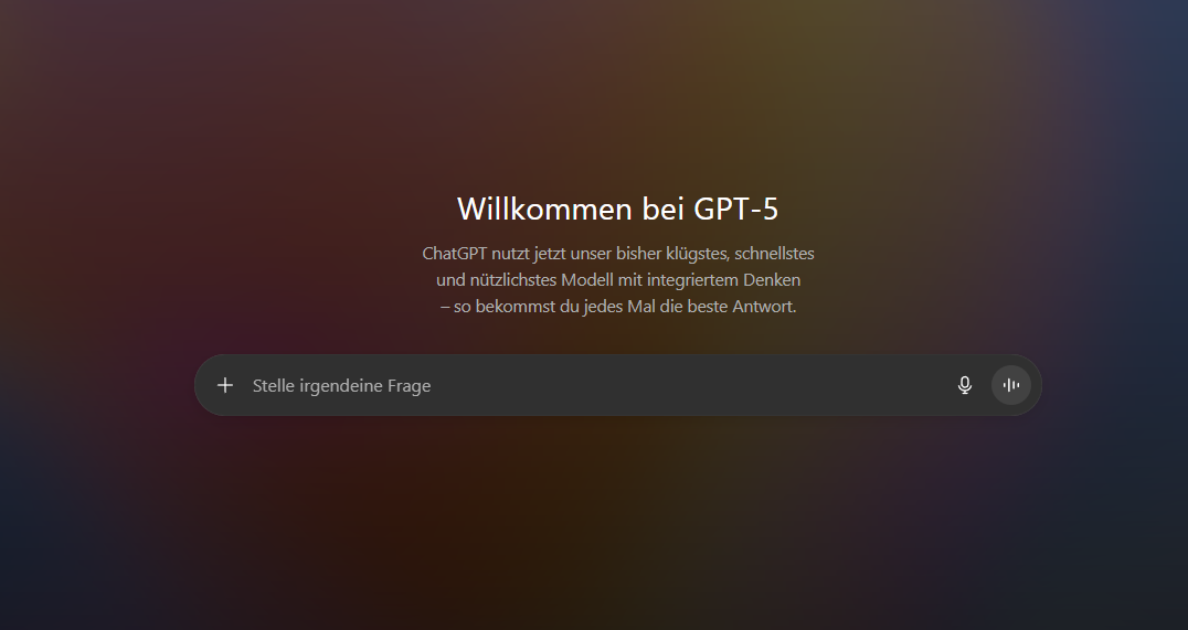 Screenshot: Willkommen bei GPT-5 – integriertes Denken, schnellere und nützlichere Antworten
